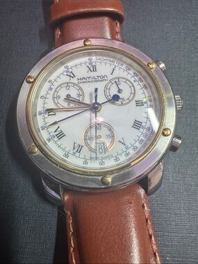 Hamilton Men’s Chronograph 8800 Watch - White Dial, Brown leather Strap